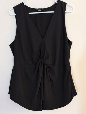 Tahari Black Twist Front V-Neck Tank Top Blouse Sleeveless Knot - Size XL